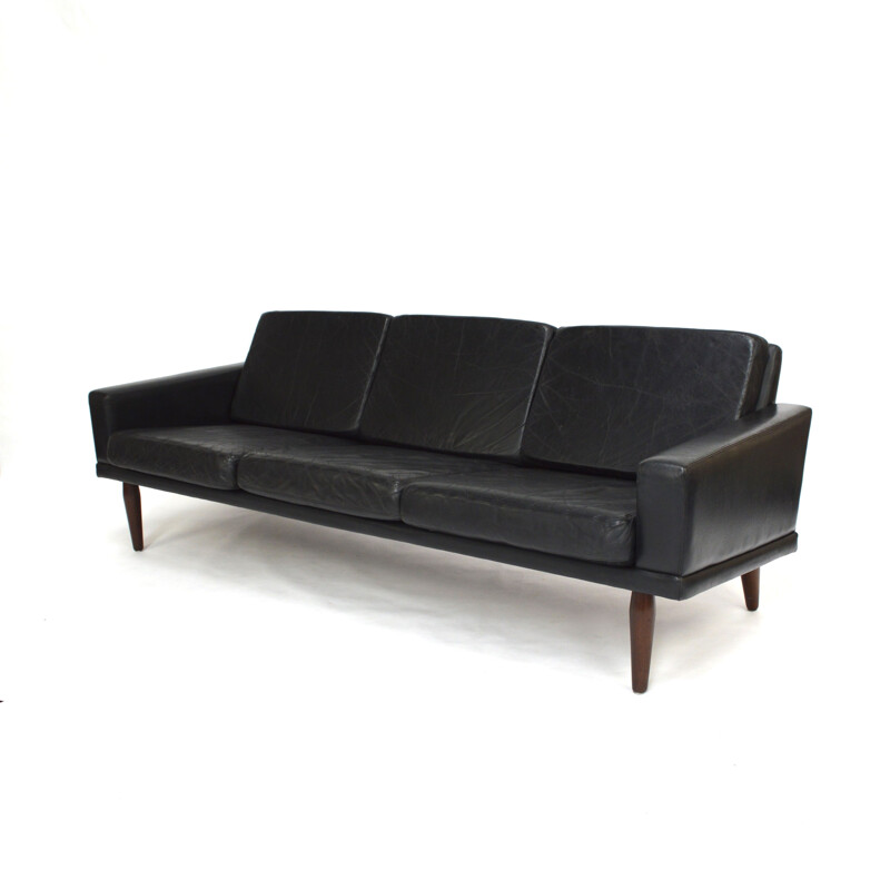 Living room set in black leather and teak by Bovenkamp