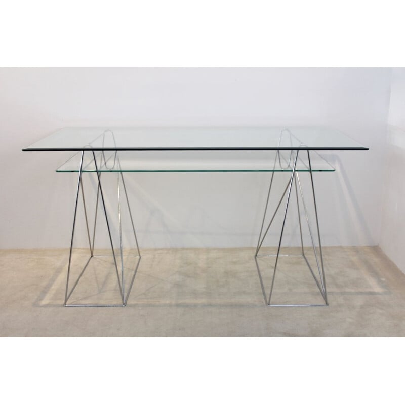 Bureau vintage en chrome et en verre avec pied chevalet