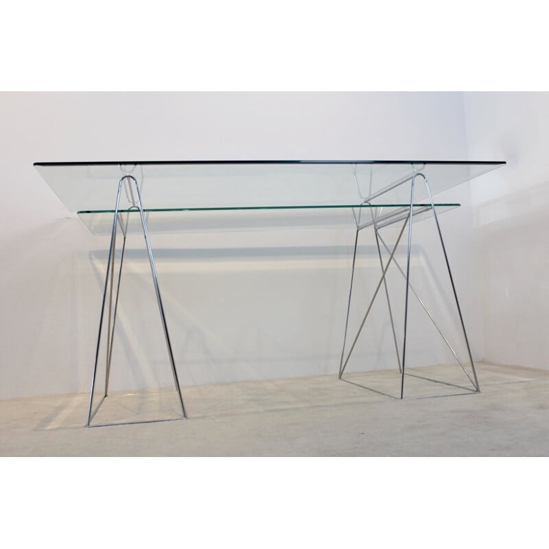 Bureau vintage en chrome et en verre avec pied chevalet