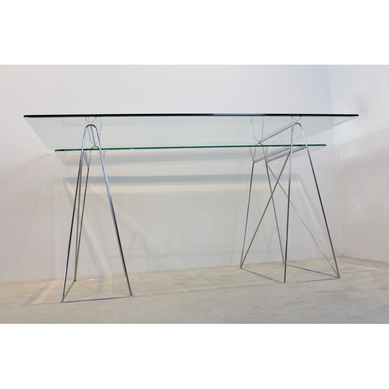 Vintage desk in chrome and glass with trestle leg