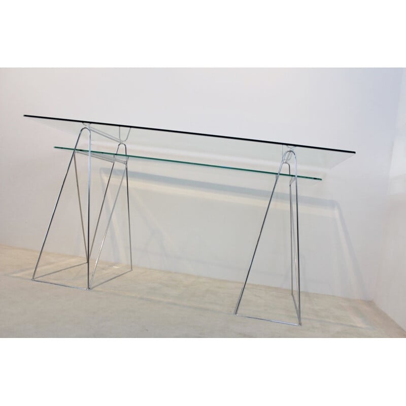 Vintage desk in chrome and glass with trestle leg
