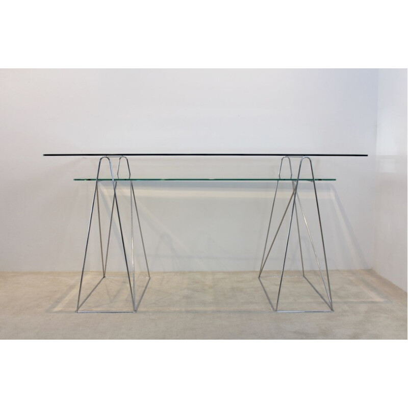 Vintage desk in chrome and glass with trestle leg