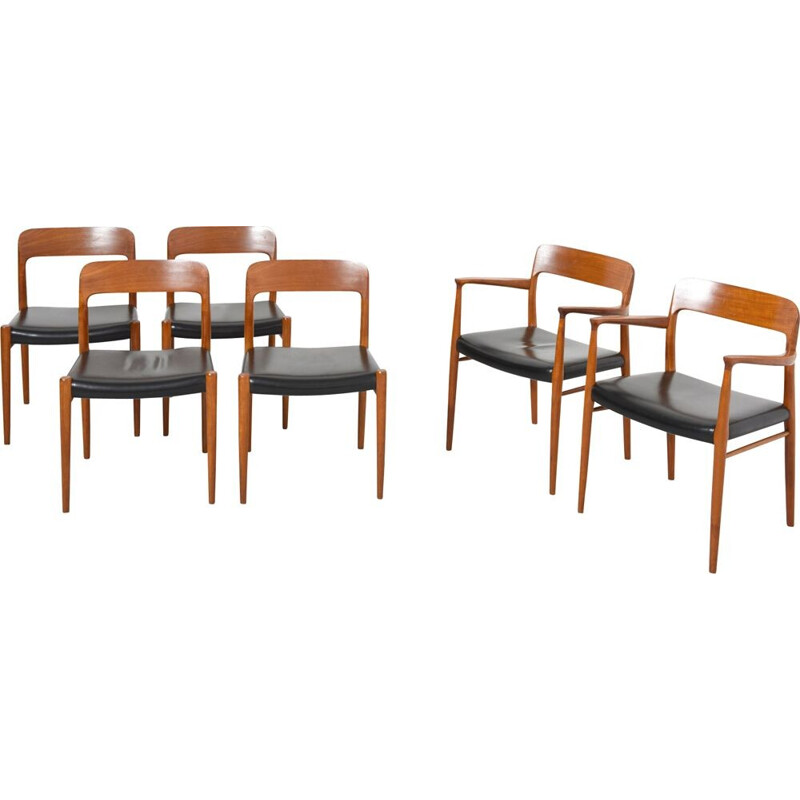 Set of 6 scandinavian chairs in teak and black leather, Niels Ø. MOLLER - 1950s