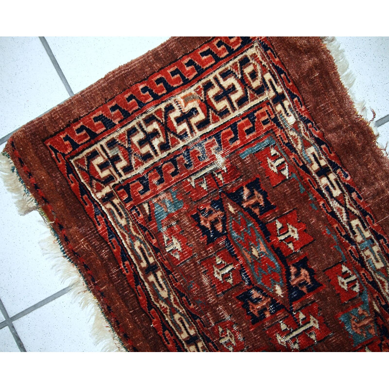Handmade antique collectible red rug by Turkmen Yomud - 1930s 