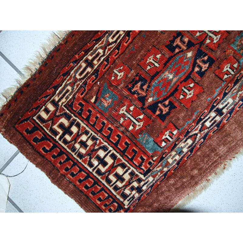 Handmade antique collectible red rug by Turkmen Yomud - 1930s 