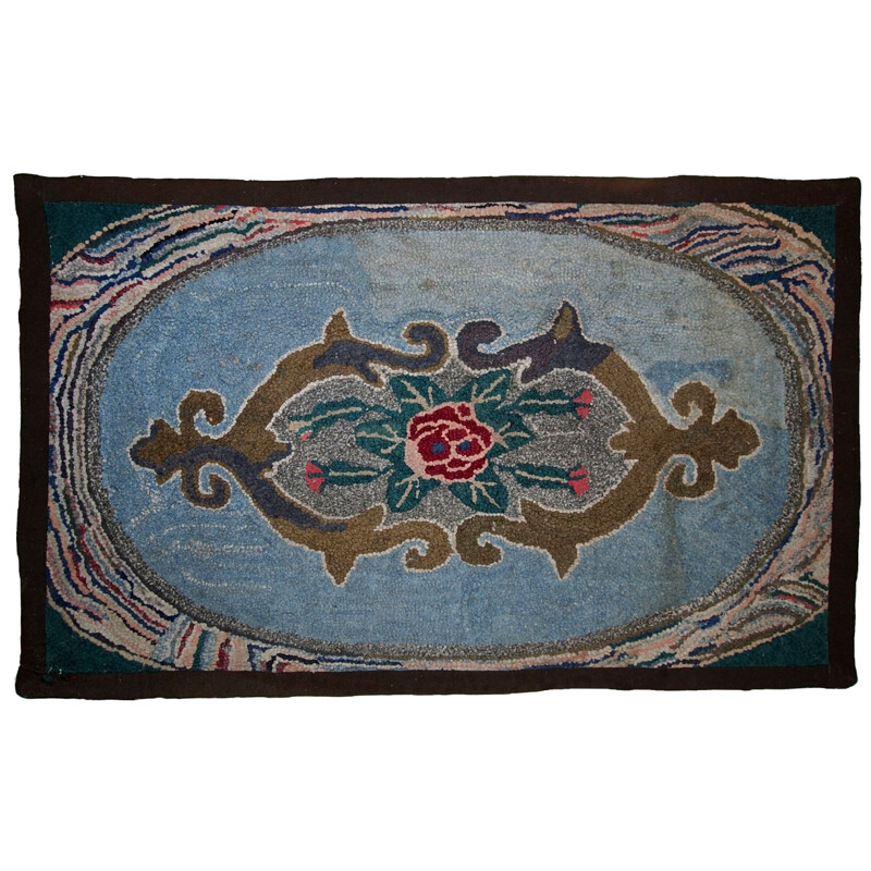 Handmade vintage american blue rug - 1930s