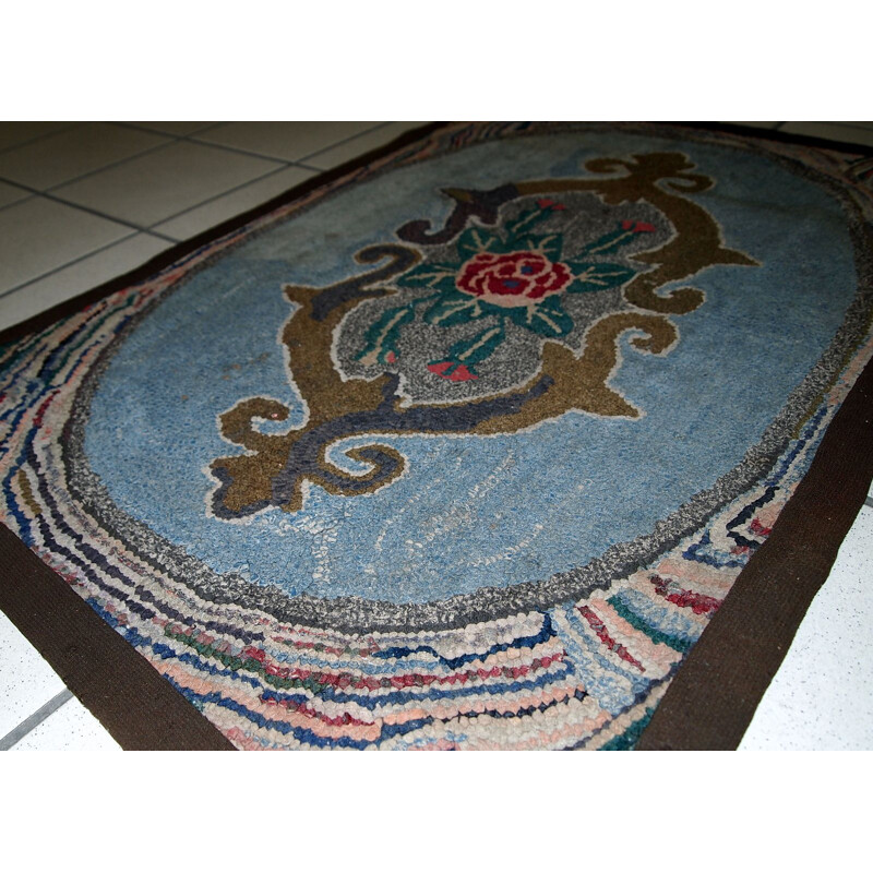 Handmade vintage american blue rug - 1930s