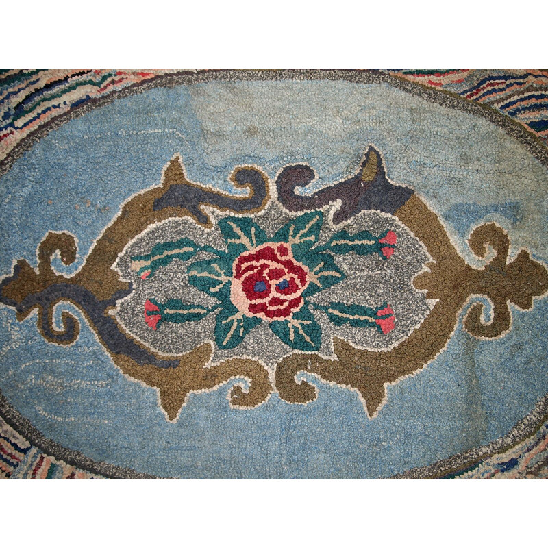 Handmade vintage american blue rug - 1930s