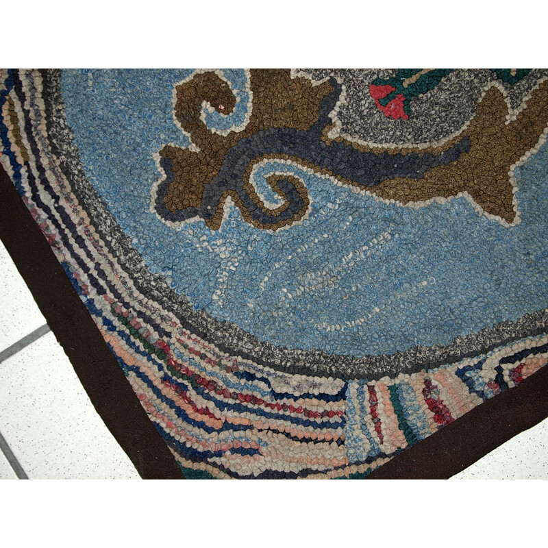 Tapis vintage américain fait-main bleu - 1930