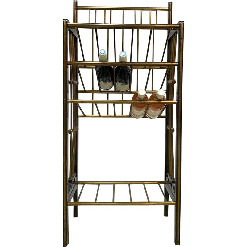 Vintage wine bottle rack in wood and brass