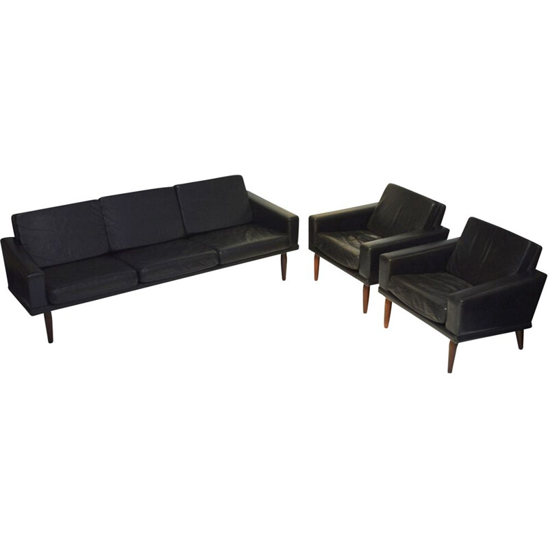 Living room set in black leather and teak by Bovenkamp