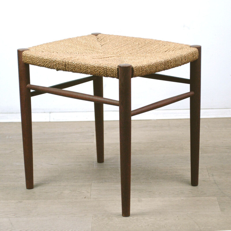 Vintage Scandinavian stool in teak and cord 