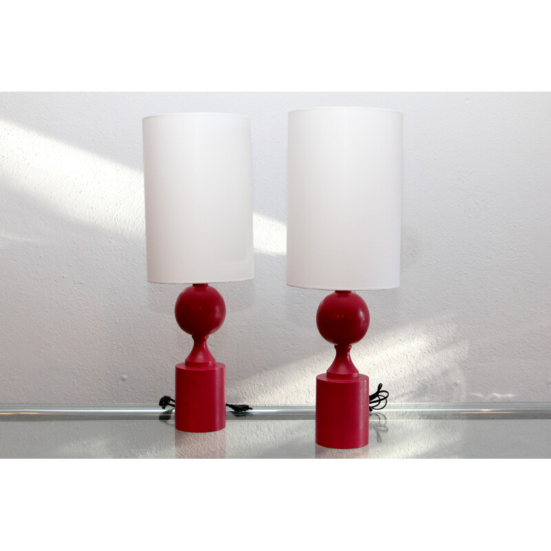 Pair of lamps in pink lacquered wood, edition Barbier Frères - 1970s