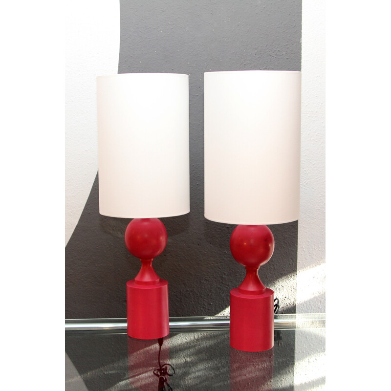 Pair of lamps in pink lacquered wood, edition Barbier Frères - 1970s