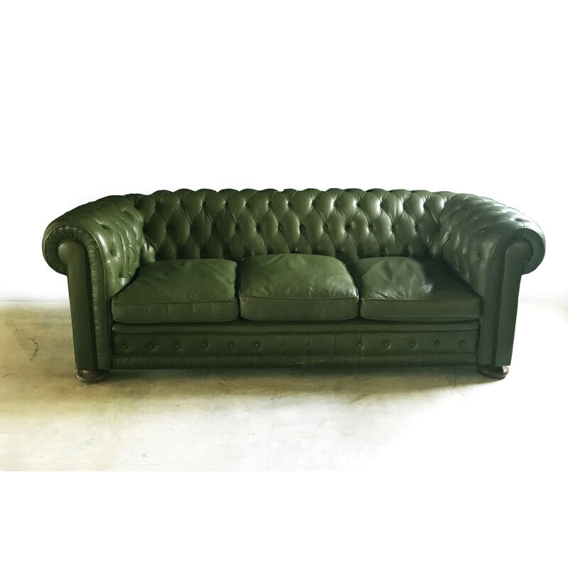 Vintage green 3-seater sofa in leather