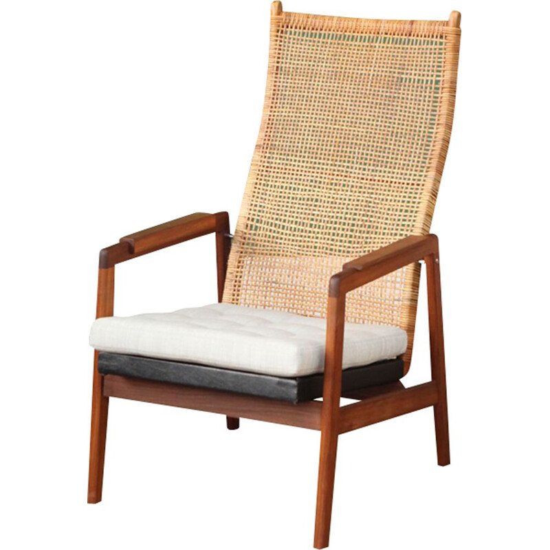 High Back Rattan Armchair by P.J. Muntendam with Newly Upholstered Cushion