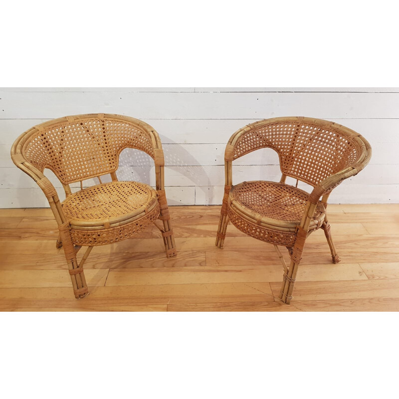 Set of 2 vintage armchairs in cane rattan