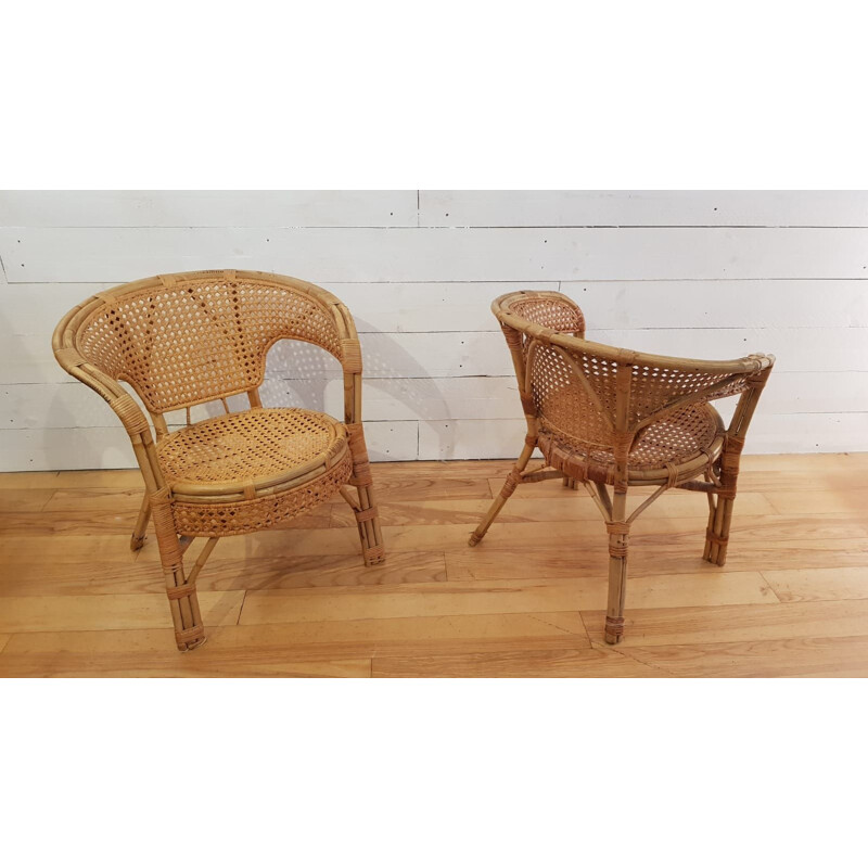 Set of 2 vintage armchairs in cane rattan