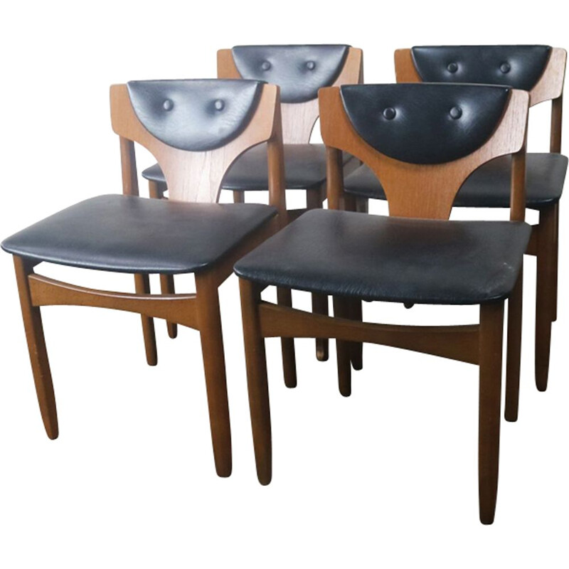 Set of 4 German Vintage dining chairs in black vinyl and teak