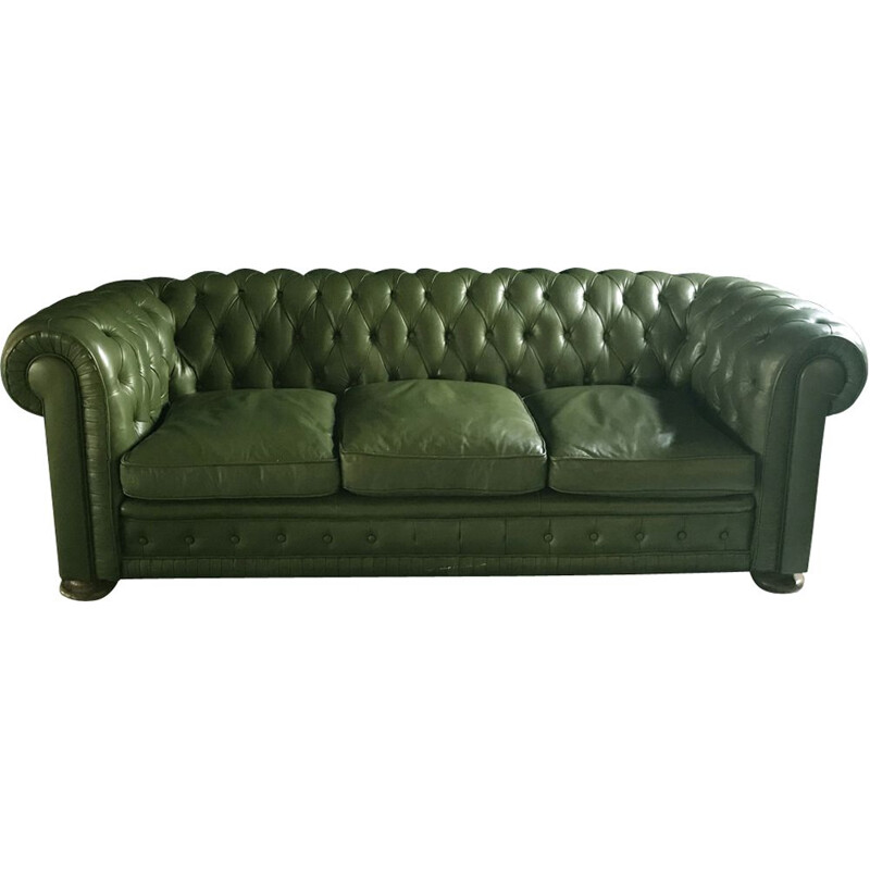 Vintage green 3-seater sofa in leather