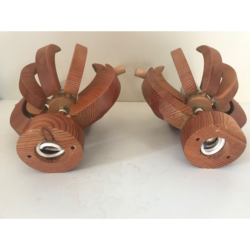 Set of 2 wall lamps in pin wood