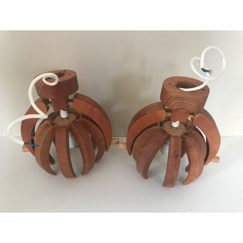 Set of 2 wall lamps in pin wood