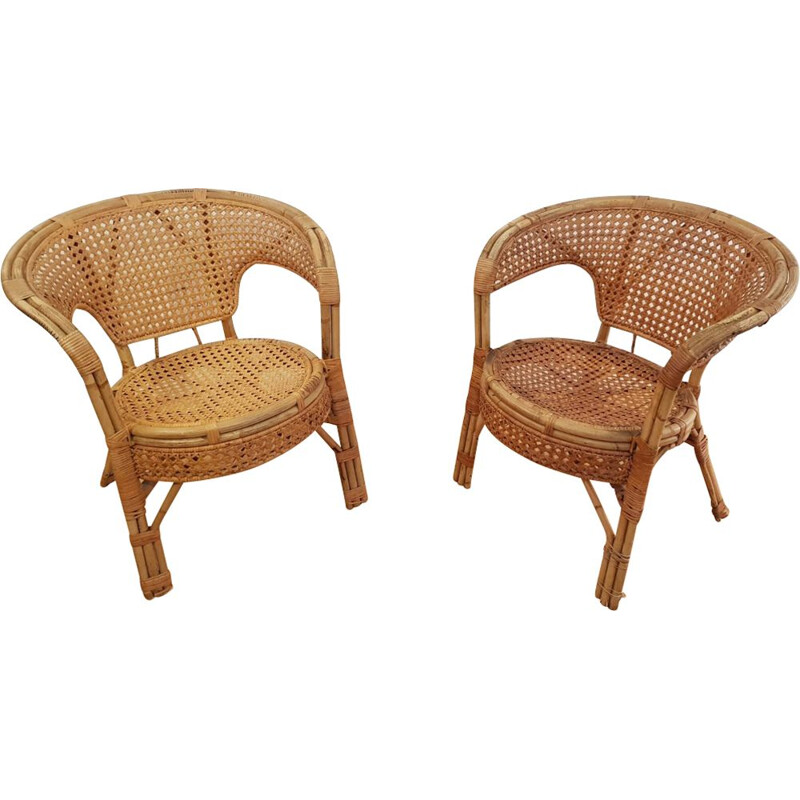 Set of 2 vintage armchairs in cane rattan