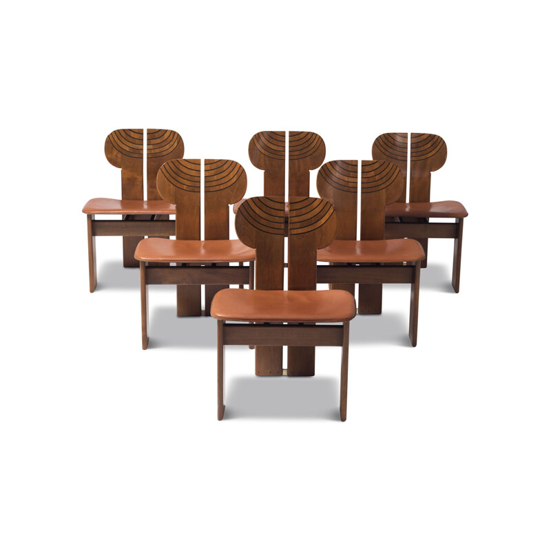 Set of 6 Africa Chairs With Cognac Leather Seating by Afra and Tobia Scarpa