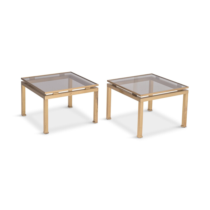 Set of 2 vintage side tables in brass & smoked glass