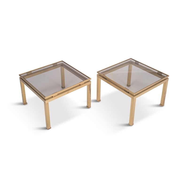 Set of 2 vintage side tables in brass & smoked glass