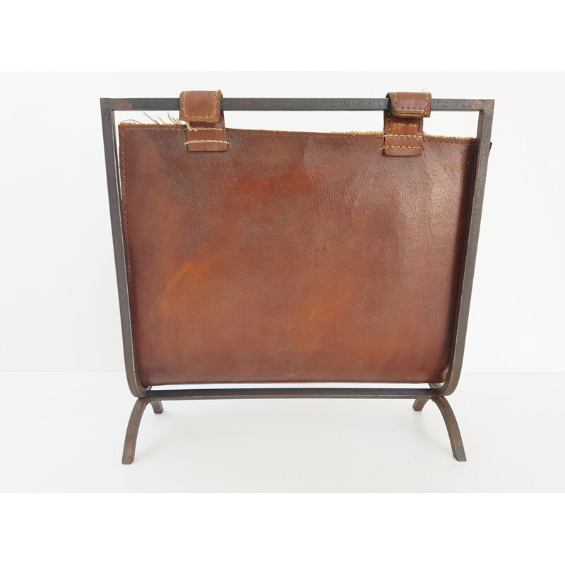 Vintage French magazine rack in steel and leather