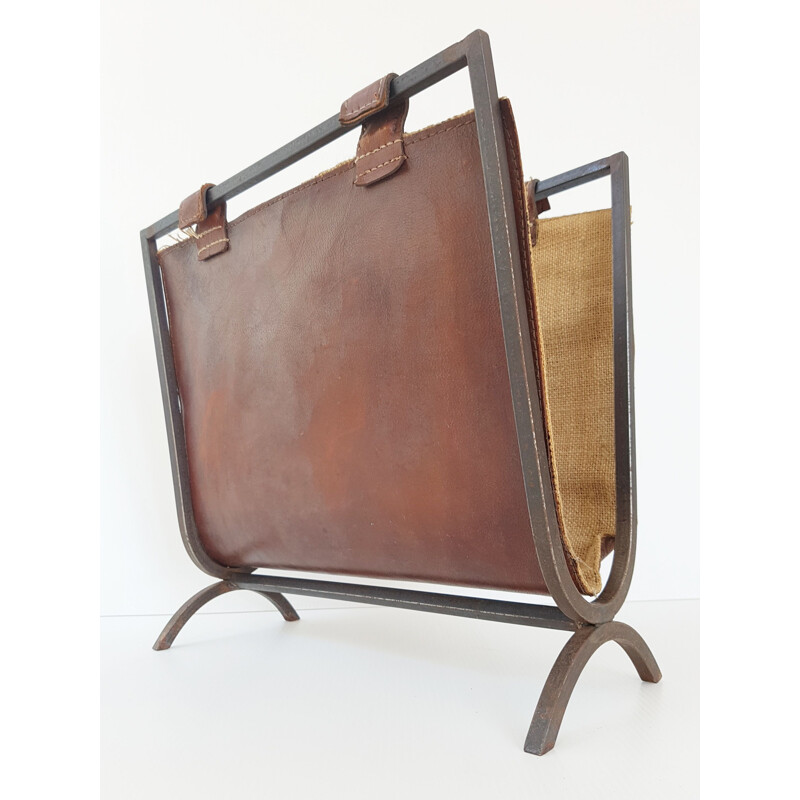 Vintage French magazine rack in steel and leather