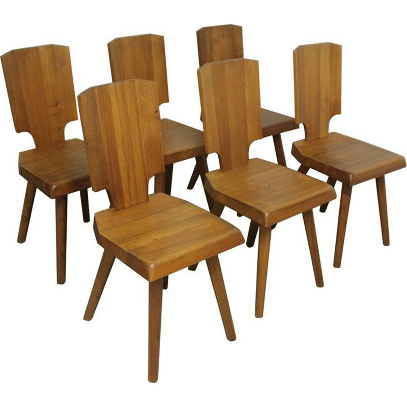 Suite de 6 chaises "S28" en bois d'orme par Pierre Chapo