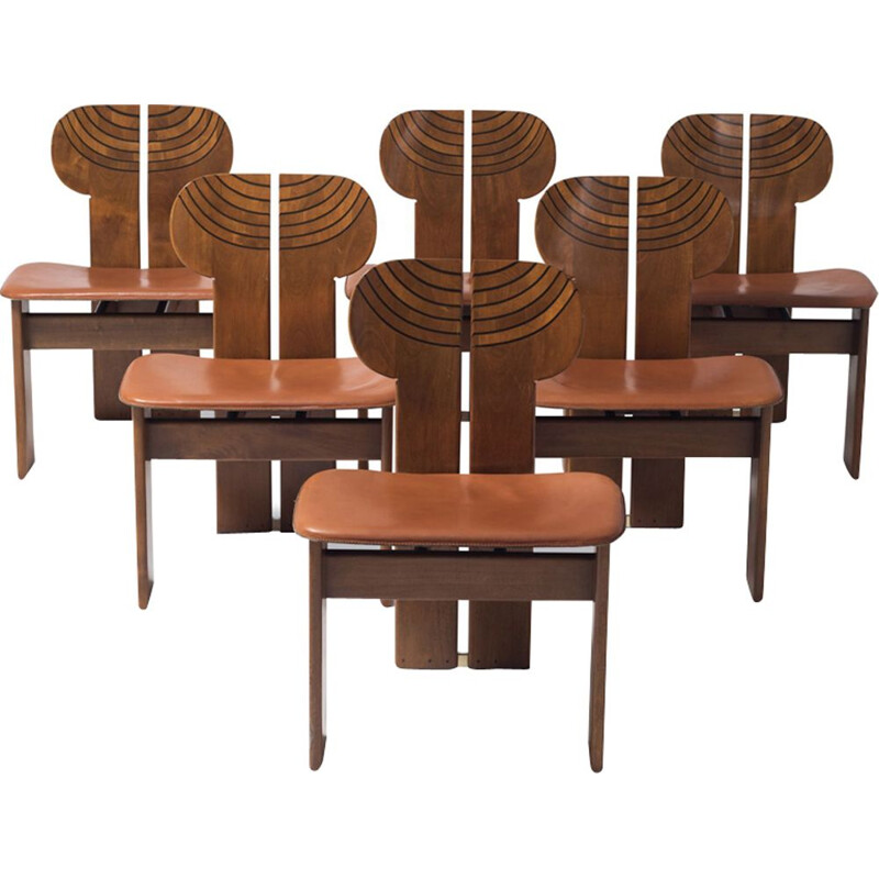 Set of 6 Africa Chairs With Cognac Leather Seating by Afra and Tobia Scarpa