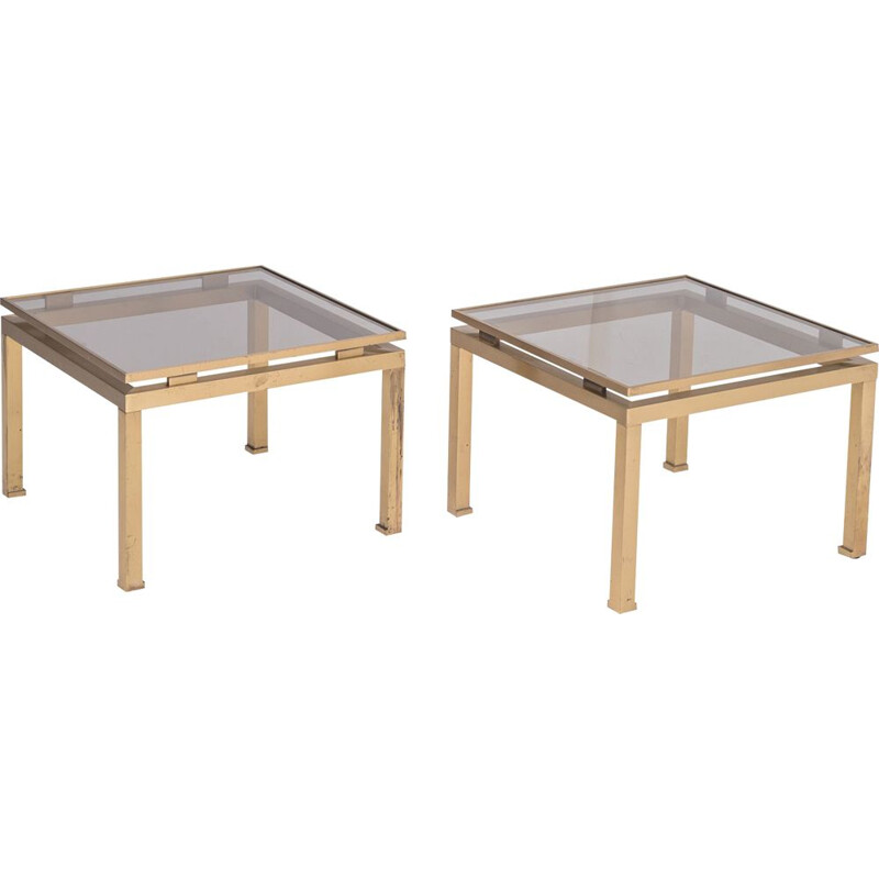 Set of 2 vintage side tables in brass & smoked glass