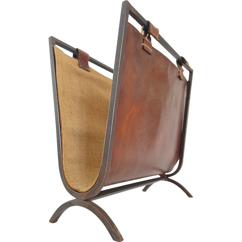 Vintage French magazine rack in steel and leather