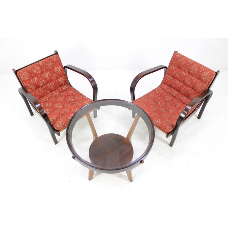 Suite de 2 fauteuils et table basse vintage par Karel Kozelka & Antonín Kropácek