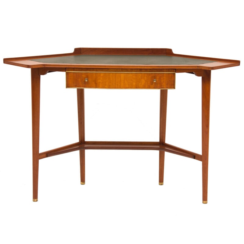 Vintage corner desk in wood and brass