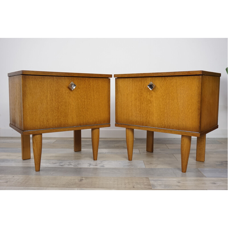 Vintage set of 2 bedside table in wood and metal