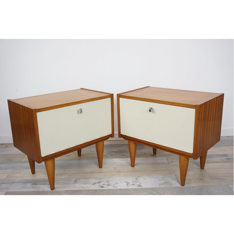 Vintage set of 2 bedside tables with white facades teak vintage