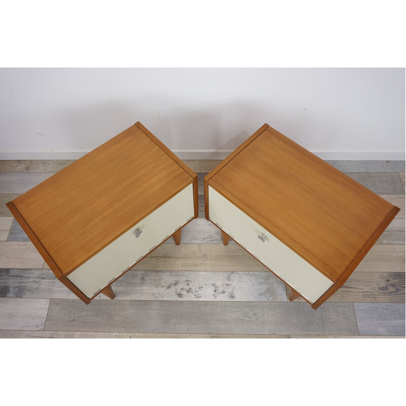 Vintage set of 2 bedside tables with white facades teak vintage