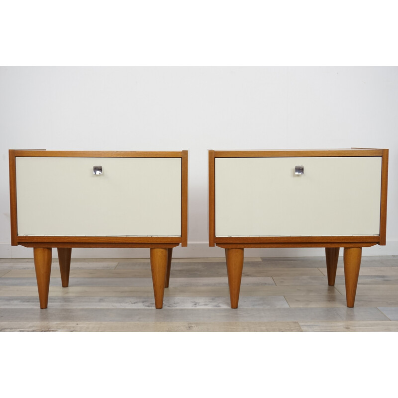 Vintage set of 2 bedside tables with white facades teak vintage