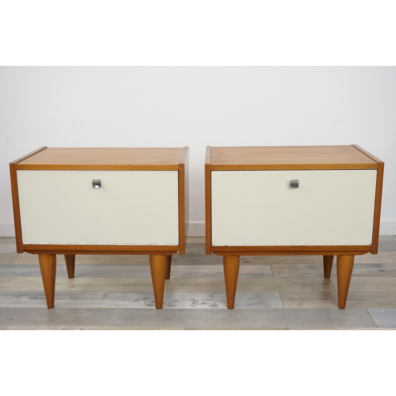 Vintage set of 2 bedside tables with white facades teak vintage