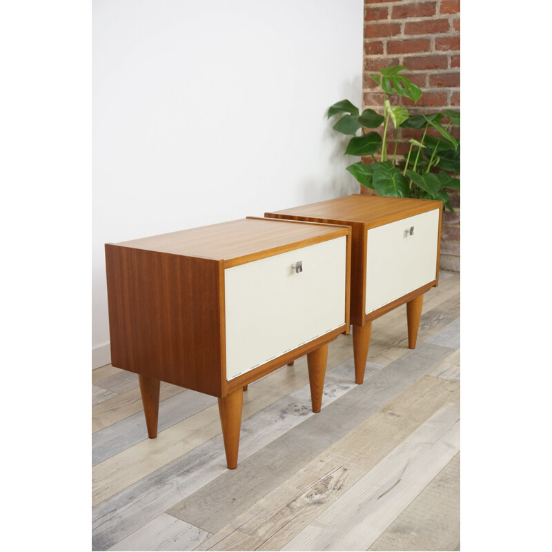 Vintage set of 2 bedside tables with white facades teak vintage