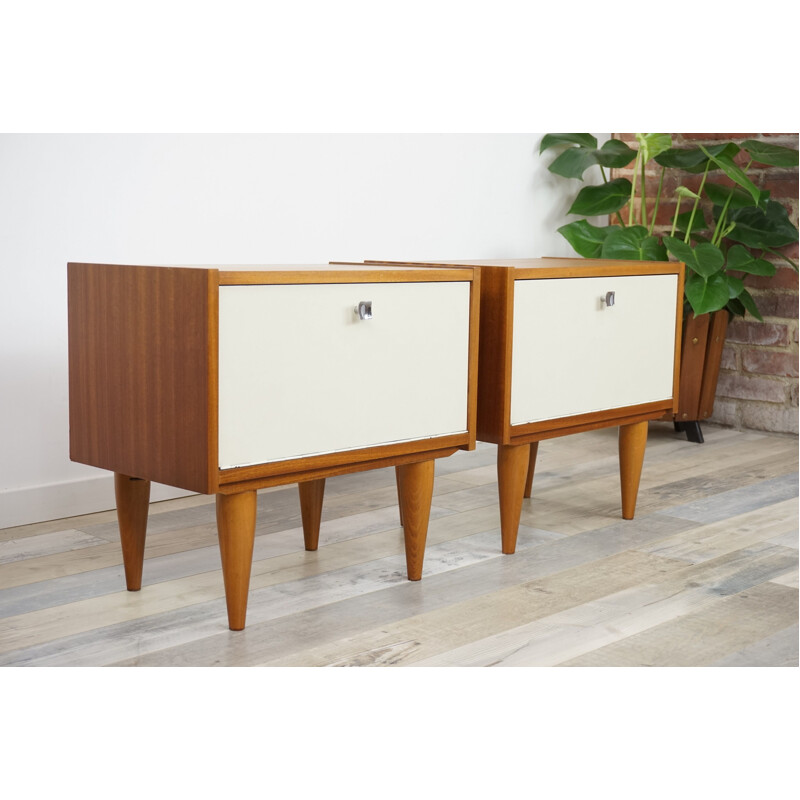 Vintage set of 2 bedside tables with white facades teak vintage