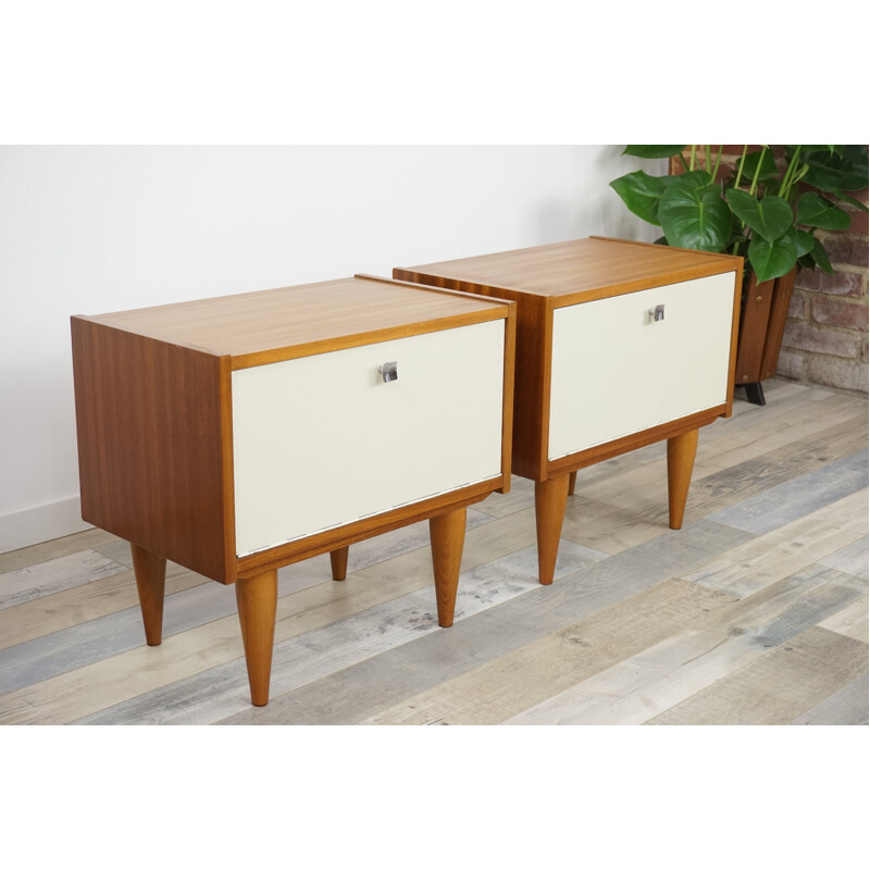 Vintage set of 2 bedside tables with white facades teak vintage