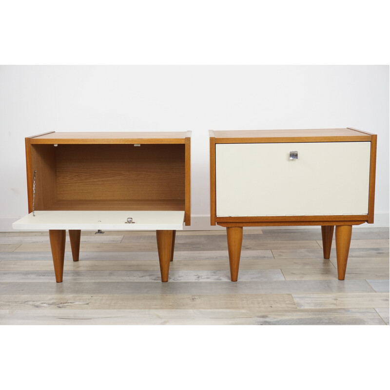 Vintage set of 2 bedside tables with white facades teak vintage