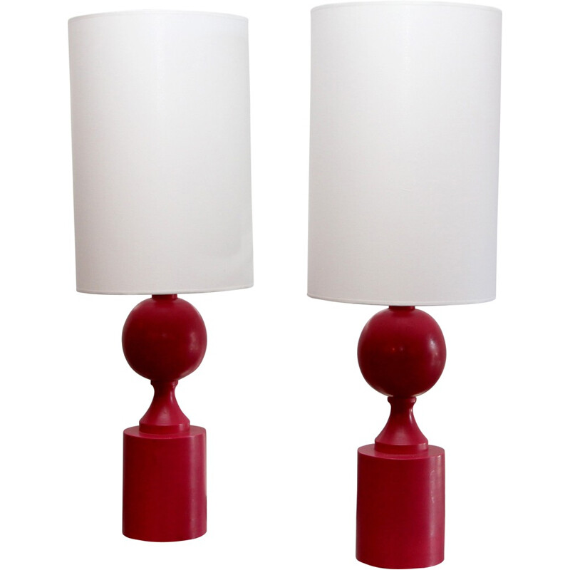 Pair of lamps in pink lacquered wood, edition Barbier Frères - 1970s