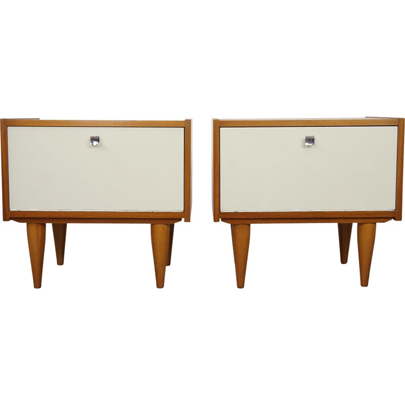 Vintage set of 2 bedside tables with white facades teak vintage