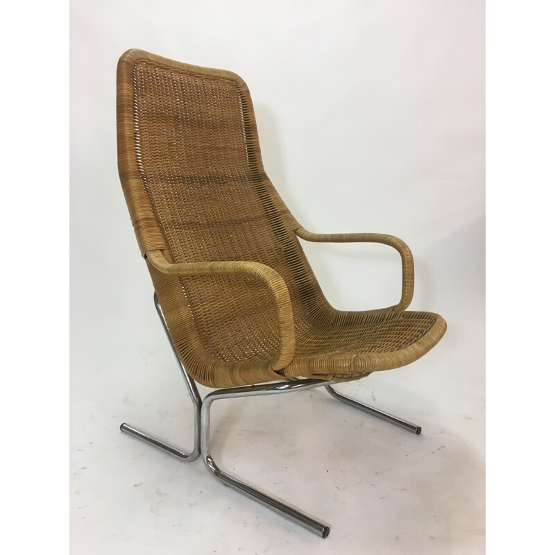 Vintage rattan and steel lounge chair by Dirk van Sliedrecht